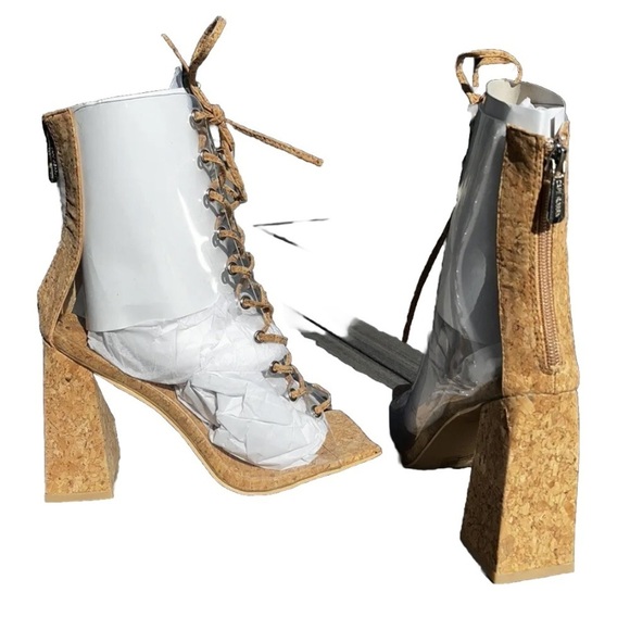CAPE ROBBIN Dressy CLEAR Cork Square Peep Toe Ankle Block Lace Up BOOTIE Sz 6.5 - Picture 12 of 12